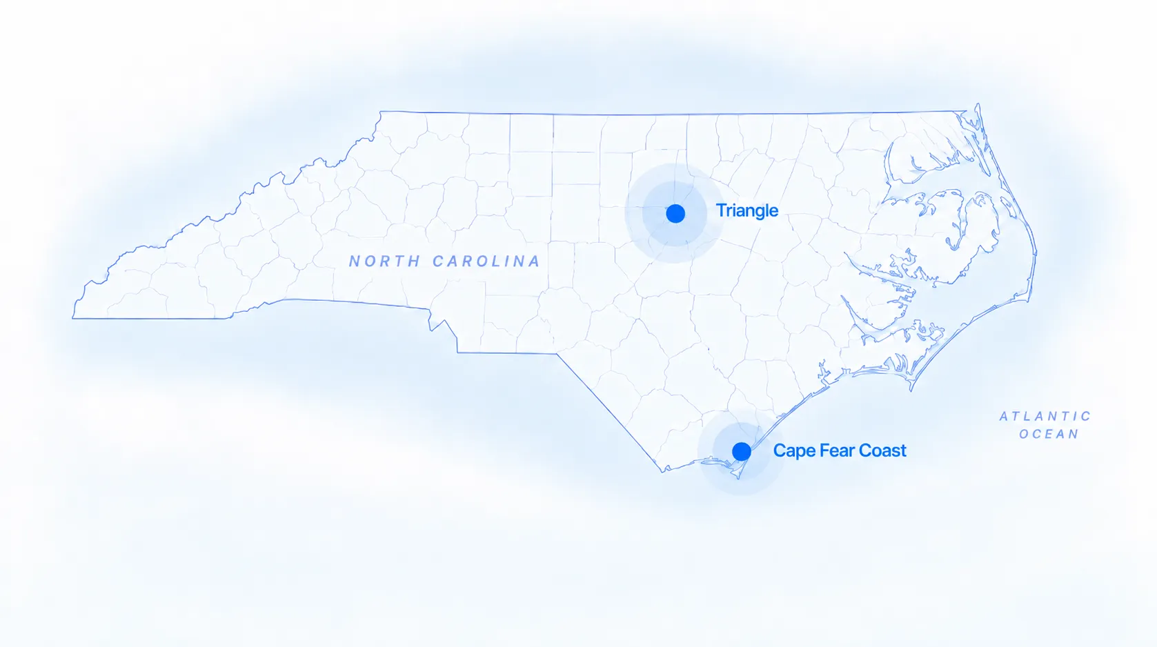 Map of North Carolina highlighting the Triangle and Cape Fear Coast service regions
