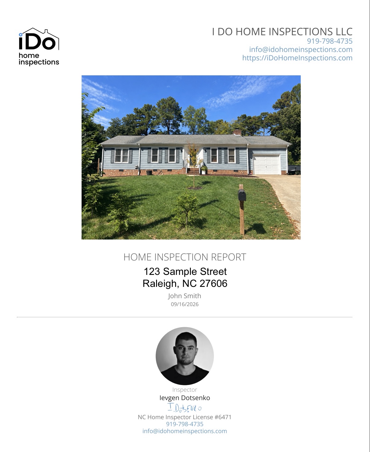 Sample I Do Home Inspections report cover page